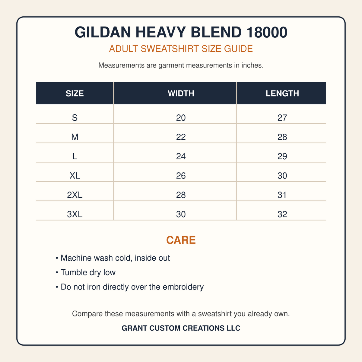 Gildan Heavy Blend 18000 adult sweatshirt size chart S through 3XL and embroidery care guide