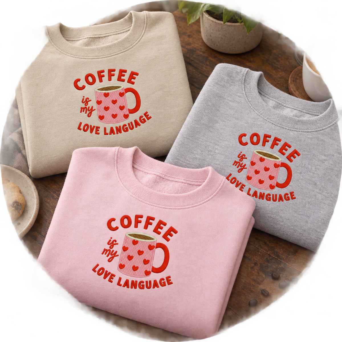 Light Pink Sand and Sport Grey Gildan coffee embroidered sweatshirts