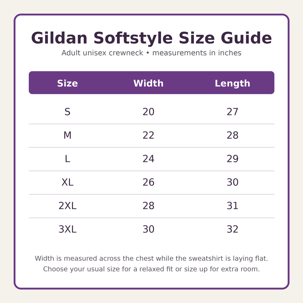 Gildan Softstyle adult sweatshirt size guide for sizes S through 3XL