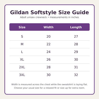Gildan Softstyle adult sweatshirt size guide for sizes S through 3XL