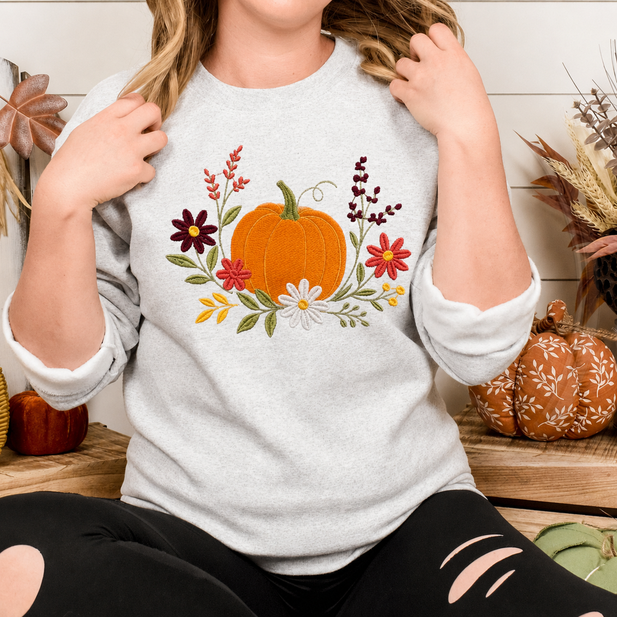 Ash floral pumpkin embroidered Gildan Softstyle sweatshirt lifestyle view