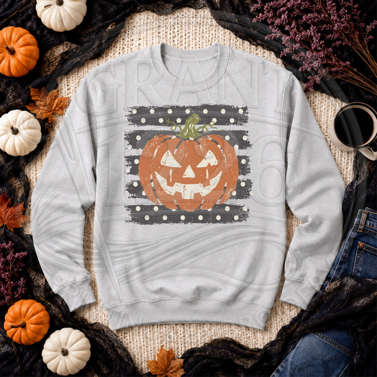 Ash gray retro jack o lantern sweatshirt with distressed Halloween pumpkin graphic