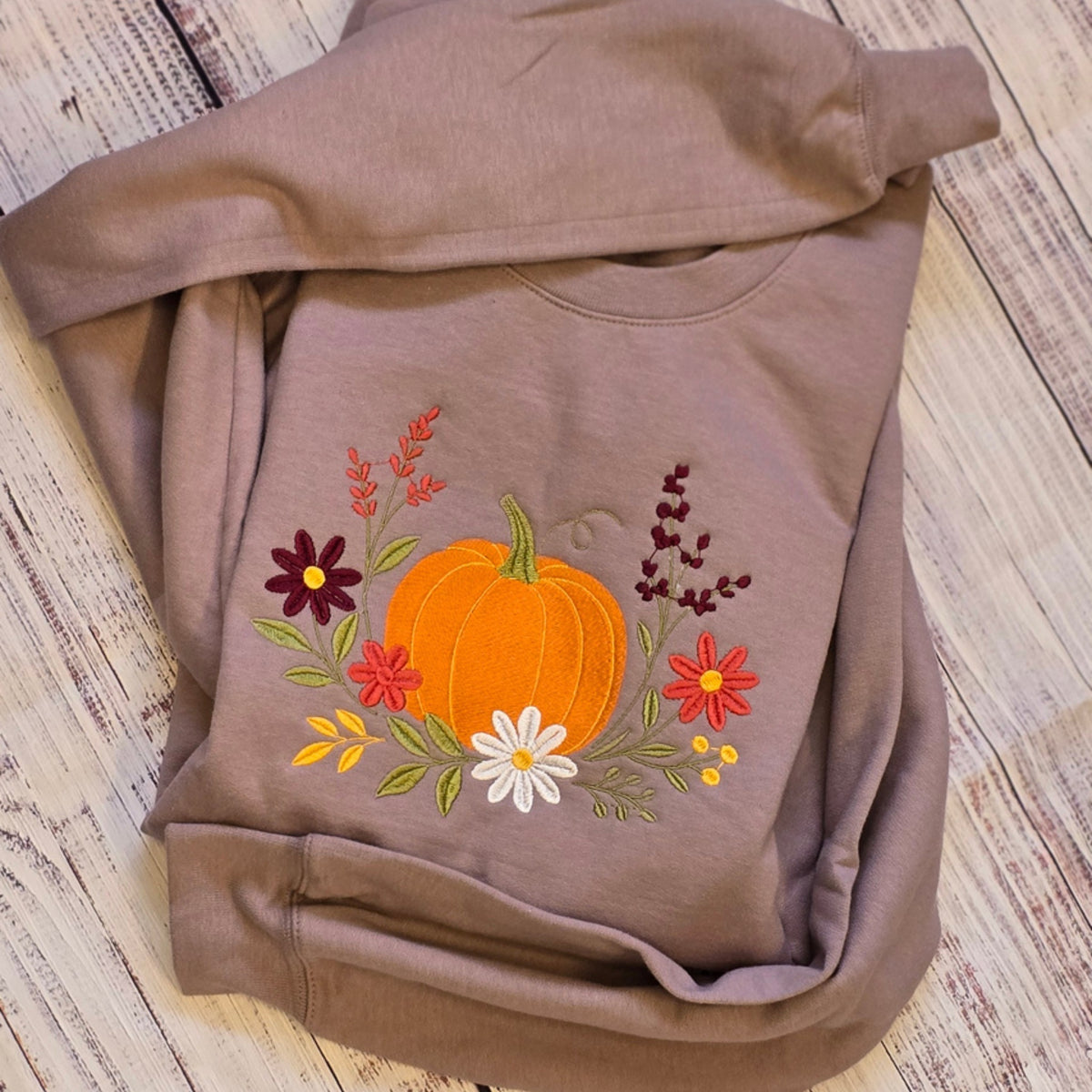 Paragon floral pumpkin embroidered Gildan Softstyle sweatshirt real stitched sample
