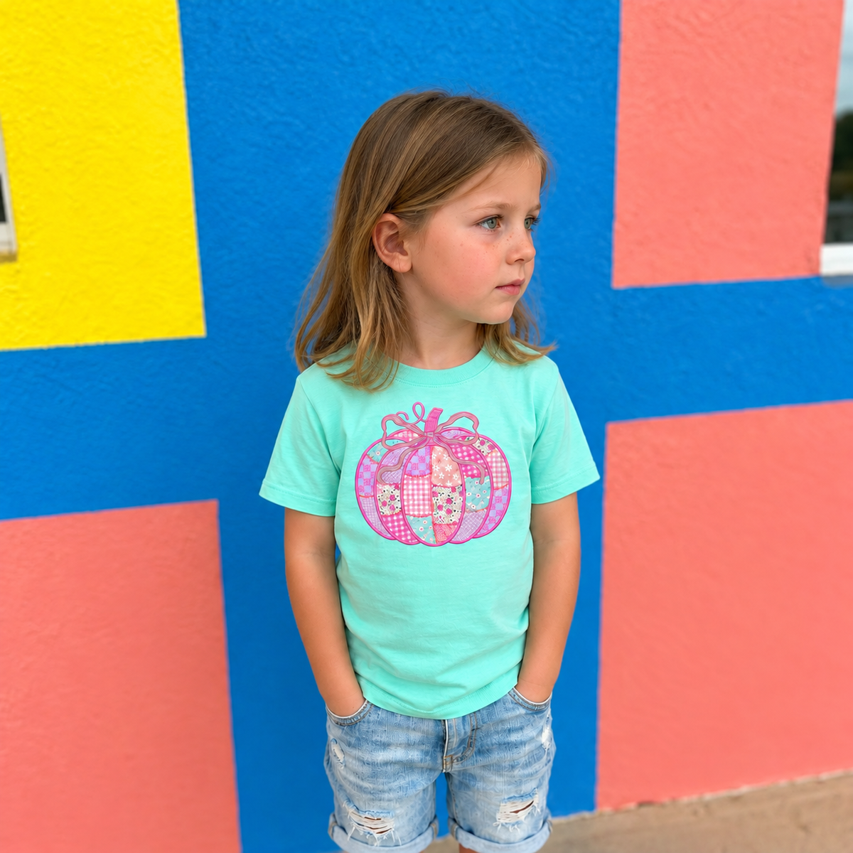 Girl wearing a Saltwater LAT youth shirt with a pink patchwork bow pumpkin DTG design