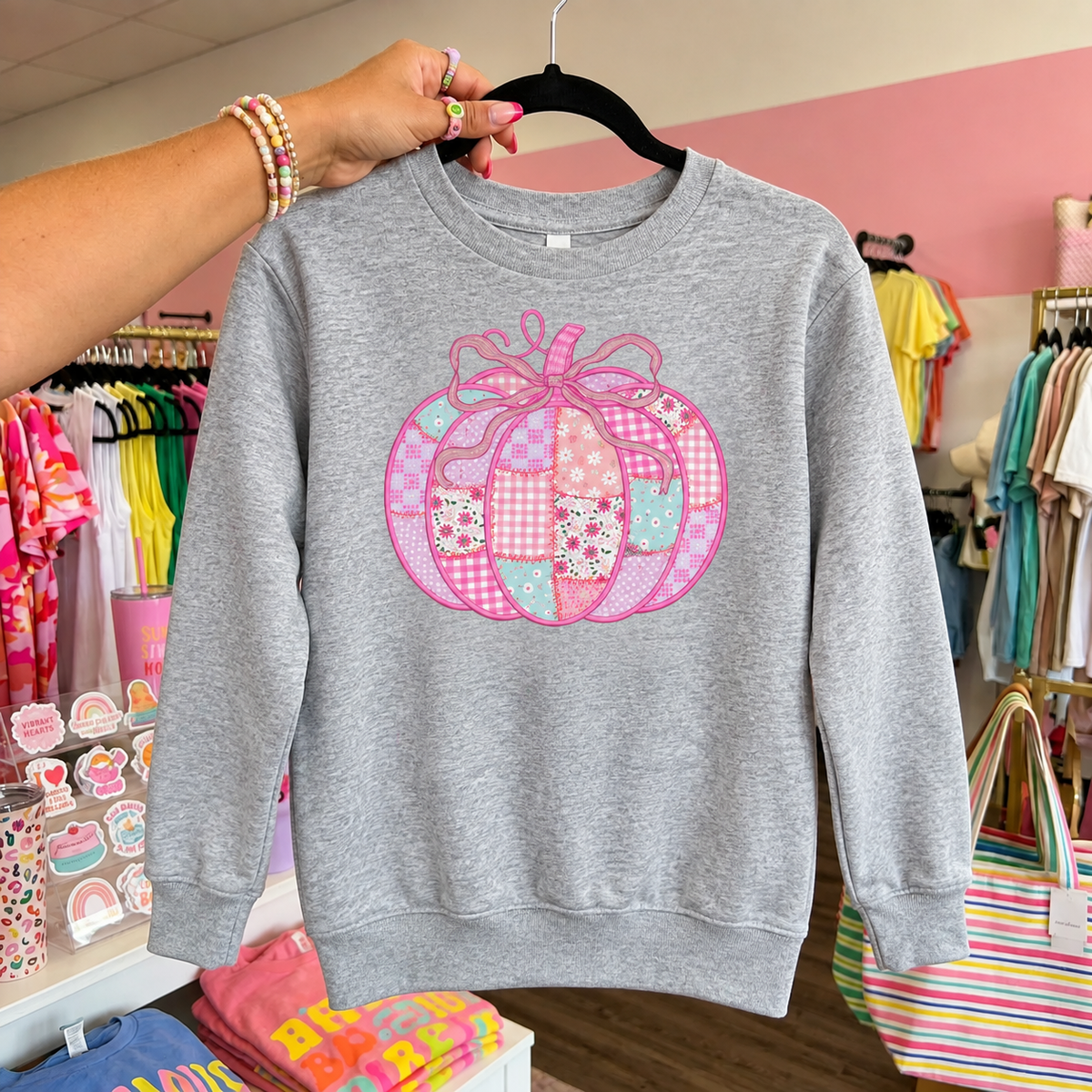 Heather LAT youth sweatshirt with a pink patchwork bow pumpkin DTG design