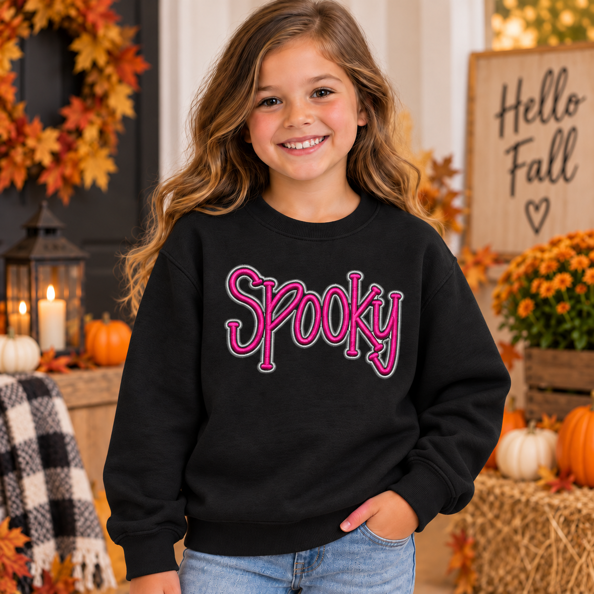 Girl wearing a black youth Spooky puff embroidered sweatshirt with pink and silver thread