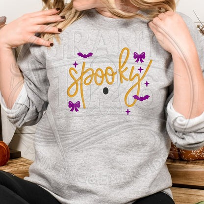 Ash girly Halloween embroidered crewneck featuring gold Spooky script and purple bow details