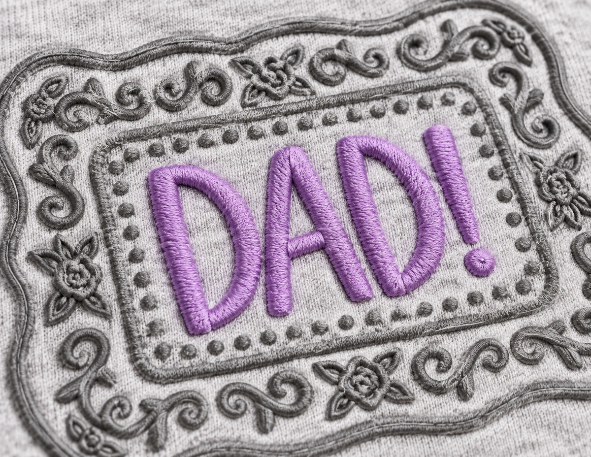 Close-up of lavender DAD embroidery and grey floral thread detail on Ash sweatshirt