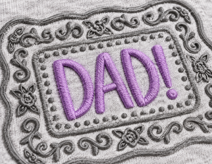 Close-up of lavender DAD embroidery and grey floral thread detail on Ash sweatshirt
