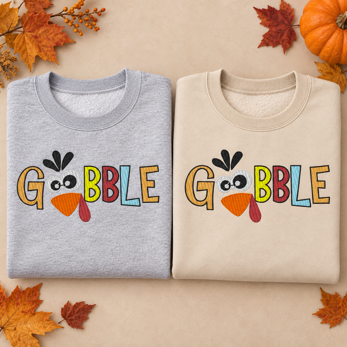 Sport Grey and Sand Gobble turkey embroidered sweatshirts shown together