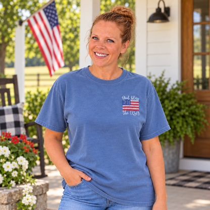Samantha wearing a Blue Jean Comfort Colors tee with God Bless the USA left-chest embroidery