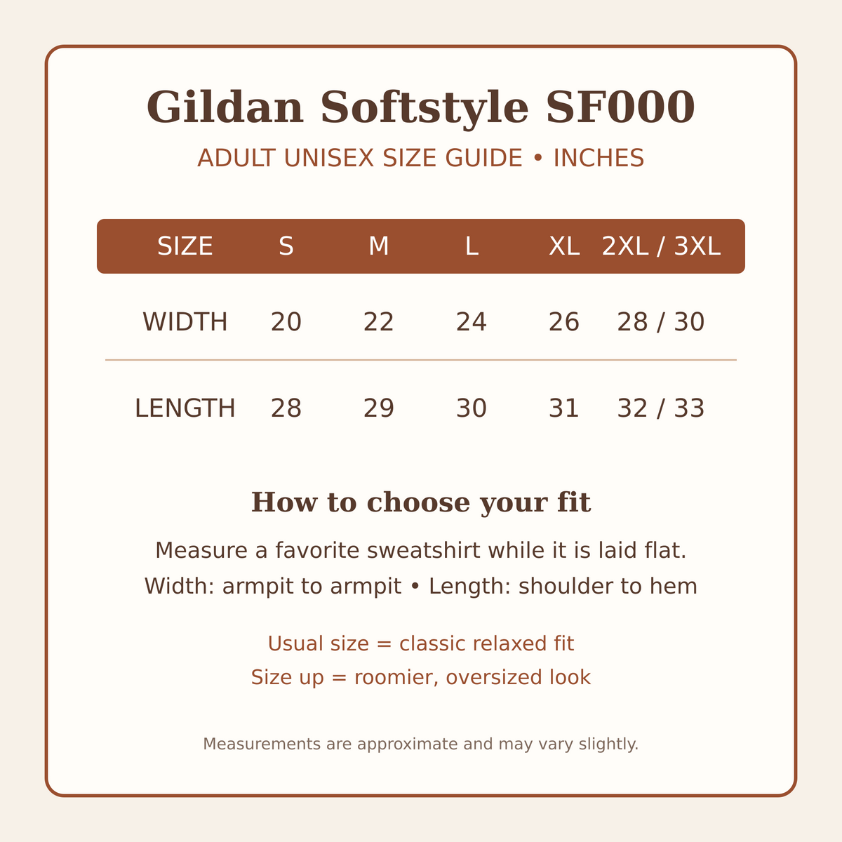 Gildan Softstyle SF000 adult unisex sweatshirt size chart in inches from S through 3XL