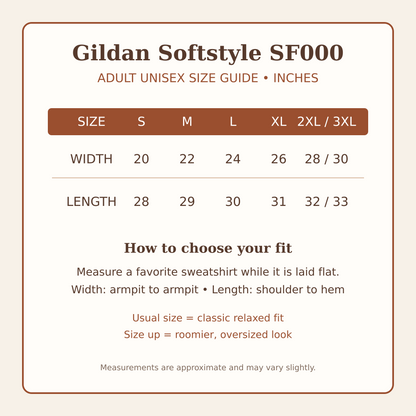 Gildan Softstyle SF000 adult unisex sweatshirt size chart in inches from S through 3XL