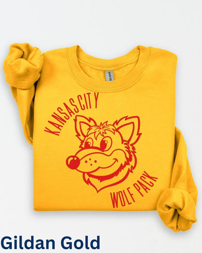 Gold Kansas City football embroidered game day sweatshirt with retro wolf mascot