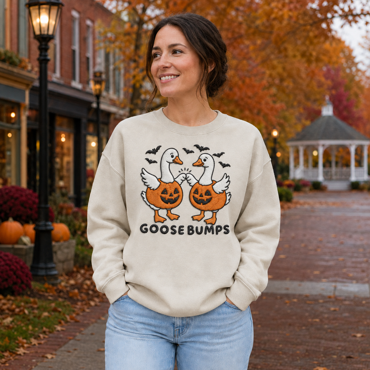 Adult Sand Goose Bumps embroidered Halloween sweatshirt with matching pumpkin geese