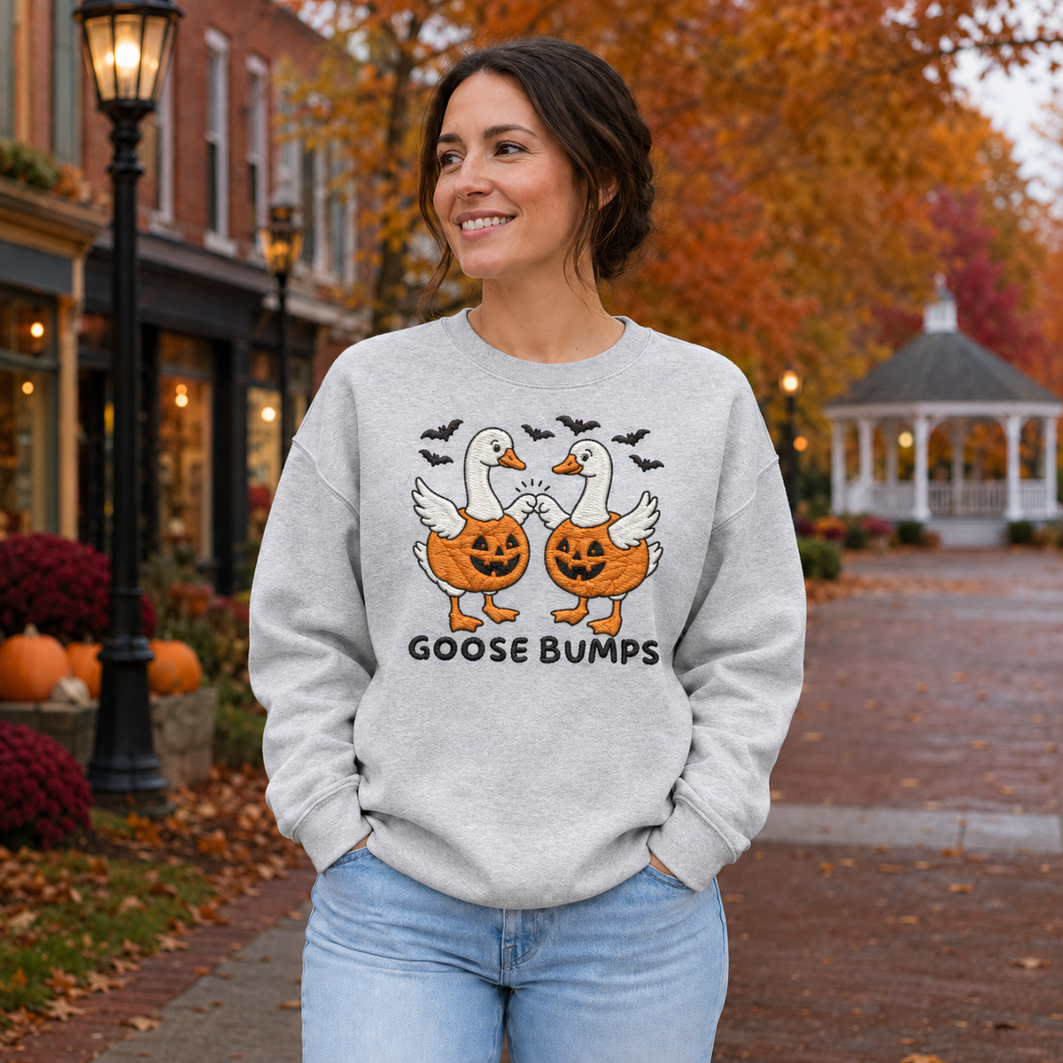Adult Sport Grey Goose Bumps embroidered Halloween sweatshirt with two pumpkin geese