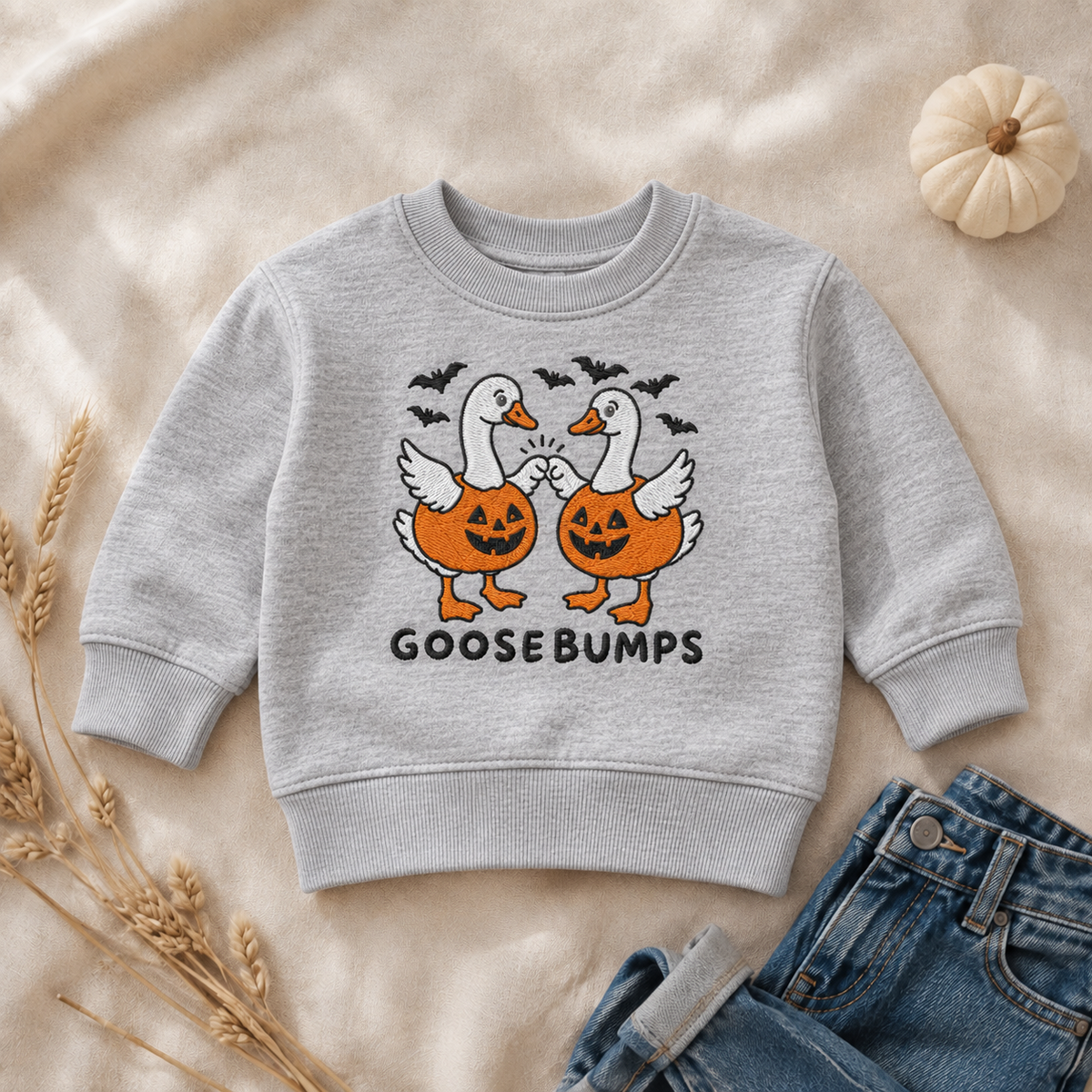 Toddler Sport Grey Goose Bumps embroidered Halloween crewneck flat lay
