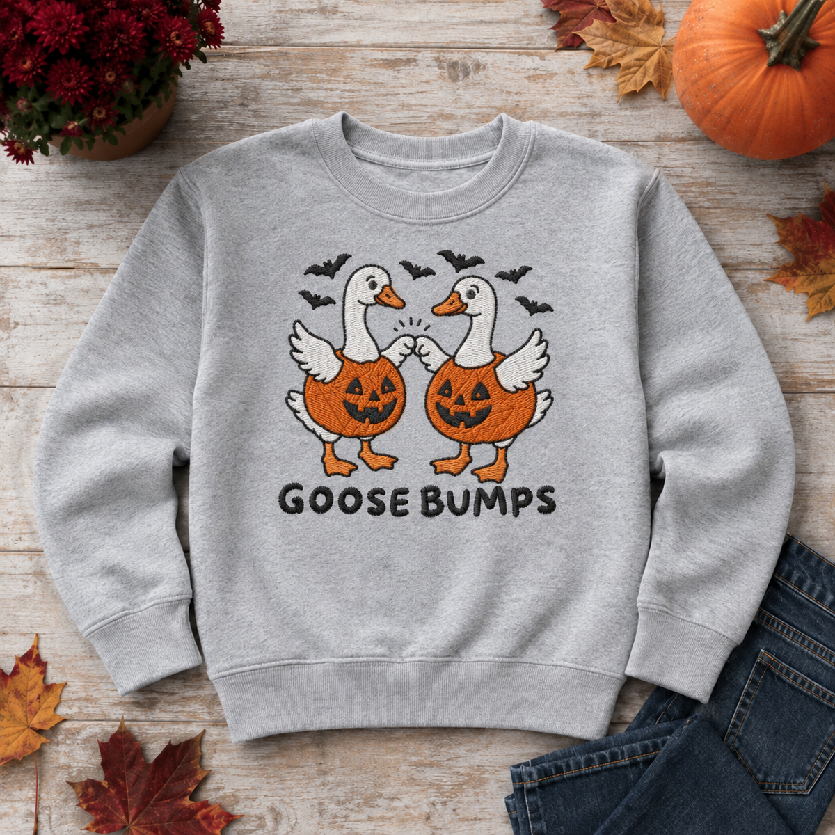 Youth Sport Grey Goose Bumps embroidered Halloween crewneck flat lay