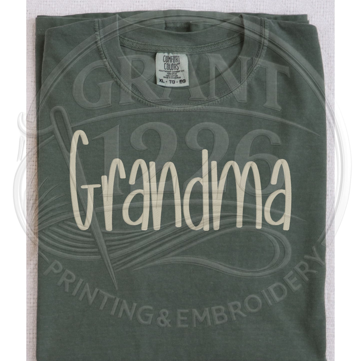 earthy green grandma embroidery shirt