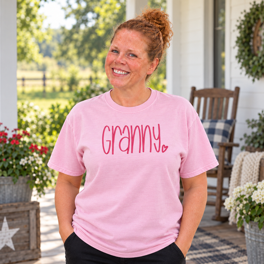 Samantha wearing a Blossom Comfort Colors 1717 tee with dark rose Granny embroidery