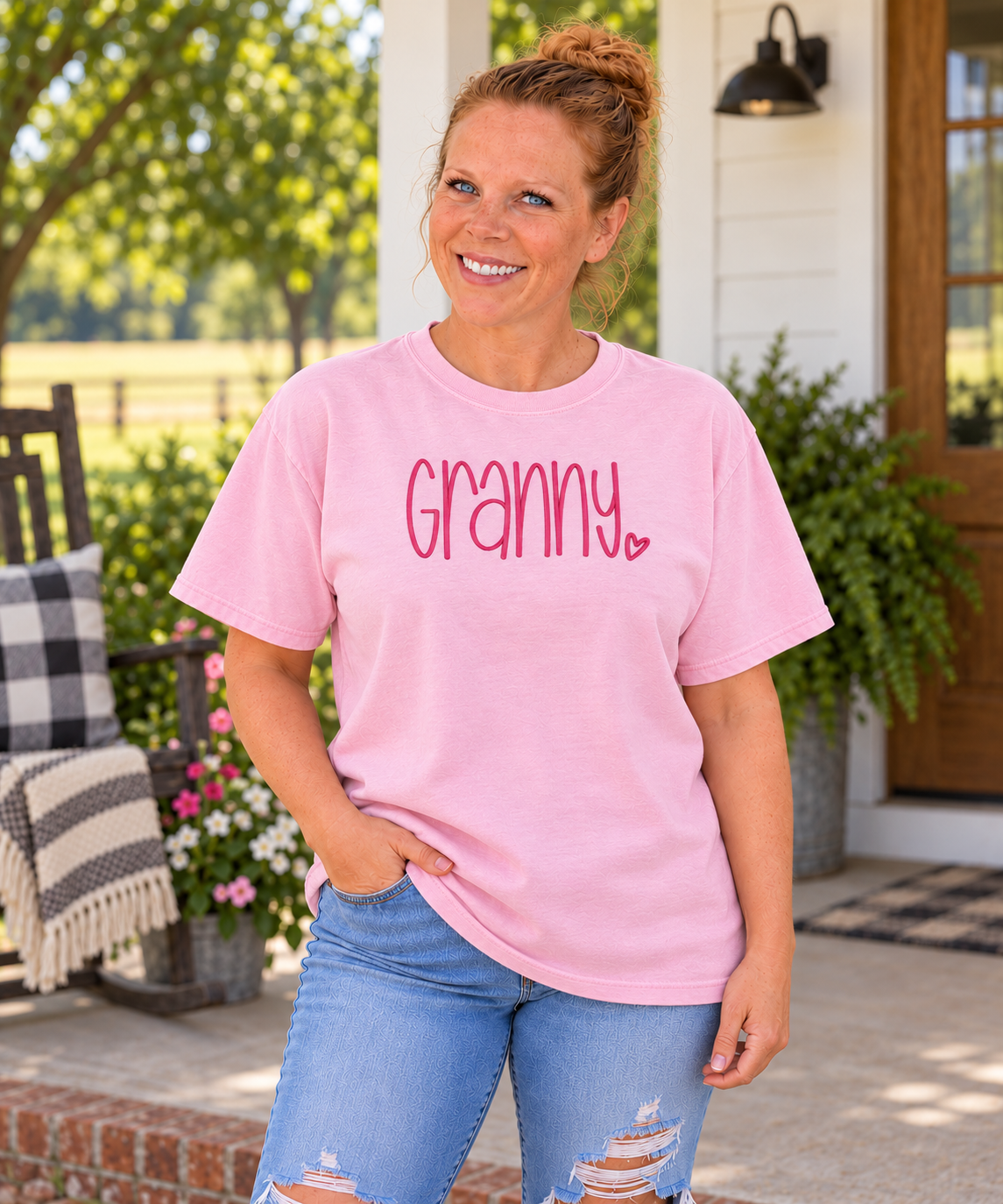 Samantha wearing a Blossom Comfort Colors tee with dark rose Granny embroidery