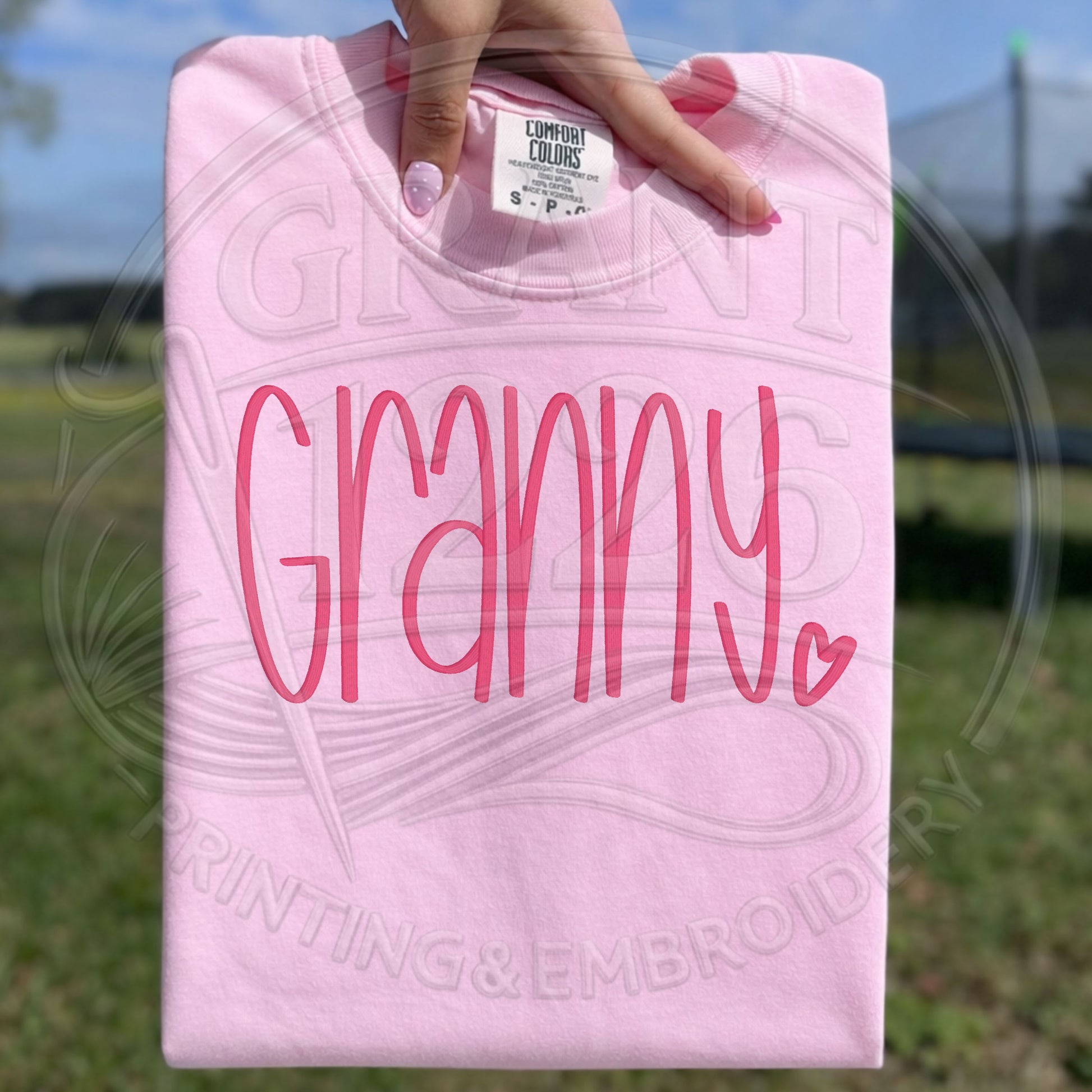 Lifestyle granny embroidered comfort colors shirt pink grandma tee