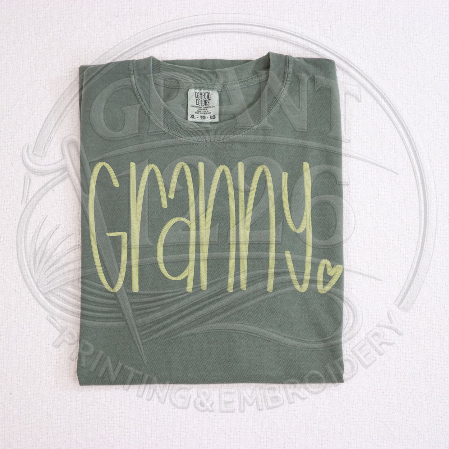 Moss comfort colors granny embroidered grandma shirt flat lay