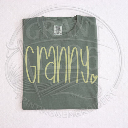 Moss comfort colors granny embroidered grandma shirt flat lay