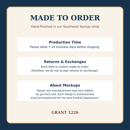 Grant 1226 made-to-order production return policy and mockup placement information