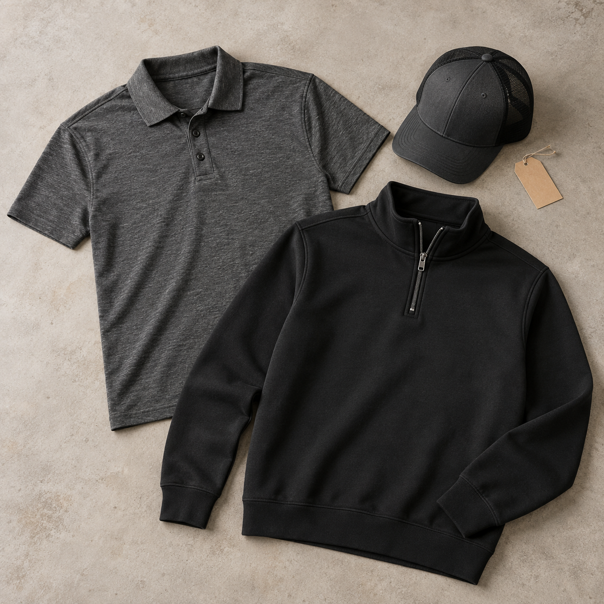 Grant 1226 small business starter pack with a charcoal polo, black quarter zip, and trucker hat