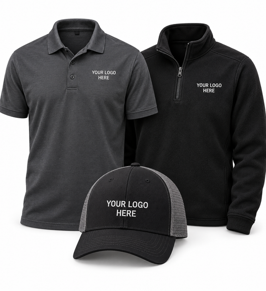 Grant 1226 small business starter pack showing custom embroidery placement with Your Logo Here on a charcoal polo, black Sport-Tek quarter zip, and trucker hat