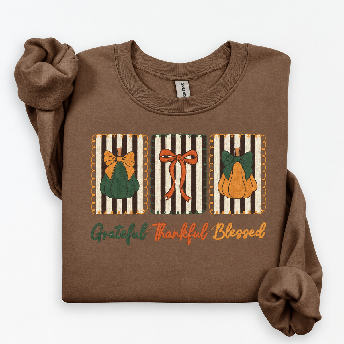 Brown Savanna Gildan Softstyle sweatshirt with 9 inch Grateful Thankful Blessed pumpkin frame embroidery