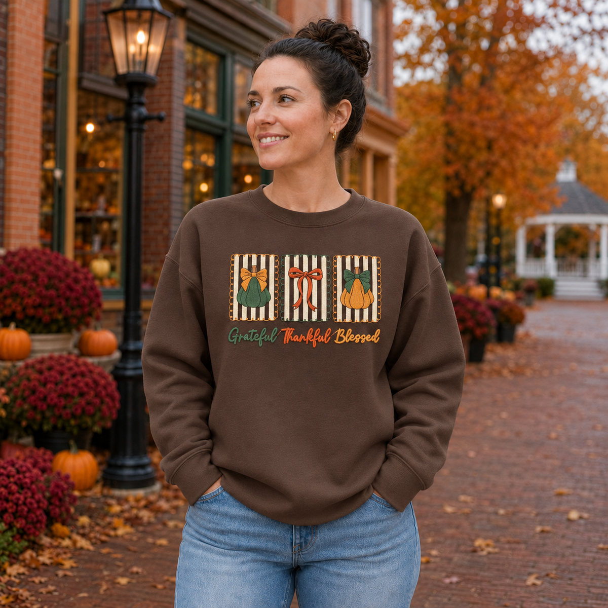 Brown Savanna Gildan Softstyle lifestyle mockup with Grateful Thankful Blessed pumpkin frame embroidery