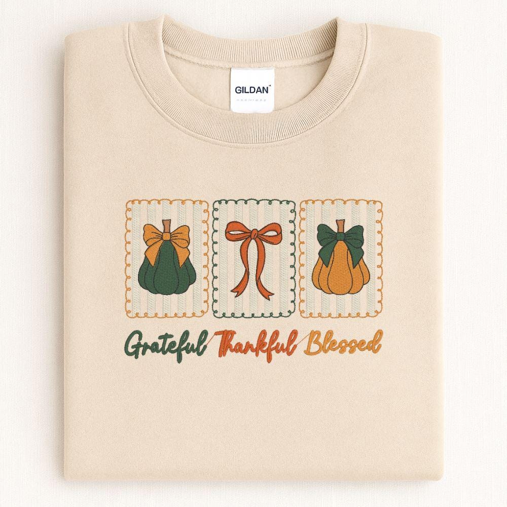 Sand Gildan sweatshirt with Grateful Thankful Blessed fall pumpkin embroidery