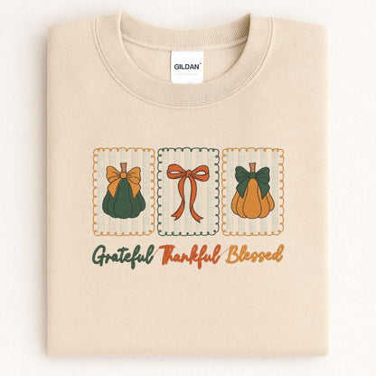Sand Gildan sweatshirt with Grateful Thankful Blessed fall pumpkin embroidery