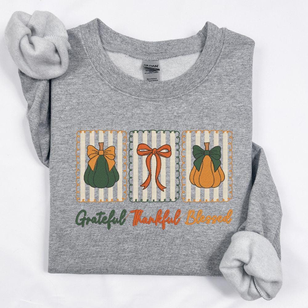 Sport Grey Gildan fall sweatshirt with Grateful Thankful Blessed pumpkin embroidery