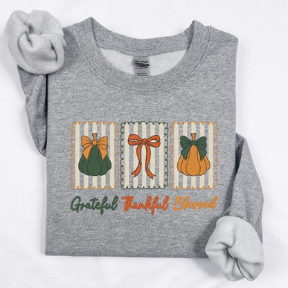 Sport Grey Gildan fall sweatshirt with Grateful Thankful Blessed pumpkin embroidery