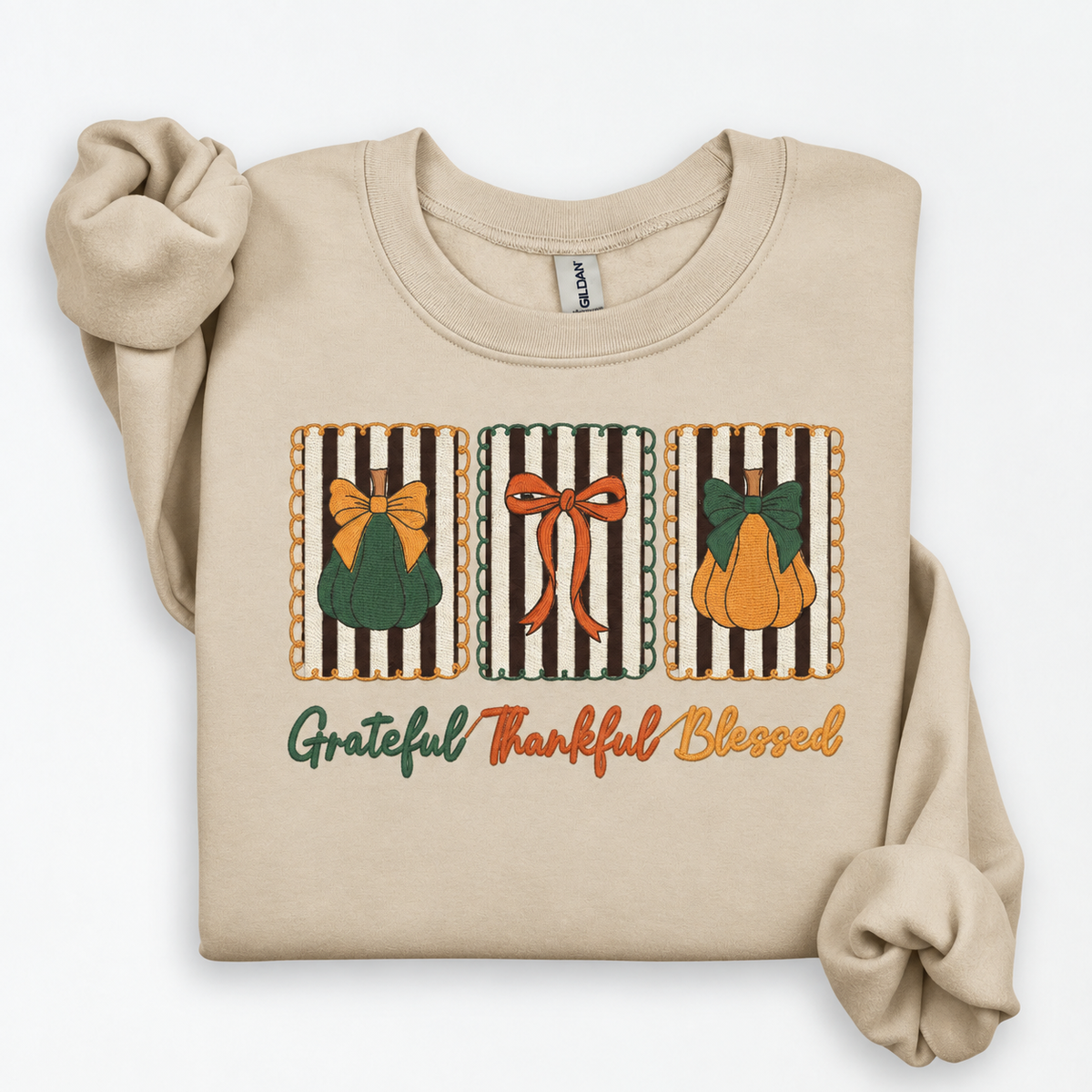 Sand Gildan Softstyle sweatshirt with 9 inch Grateful Thankful Blessed pumpkin frame embroidery