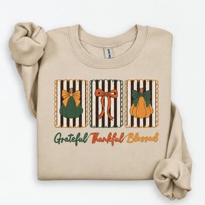 Sand Gildan Softstyle sweatshirt with 9 inch Grateful Thankful Blessed pumpkin frame embroidery