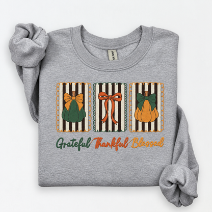 Sport Grey Gildan Softstyle sweatshirt with 9 inch Grateful Thankful Blessed pumpkin frame embroidery