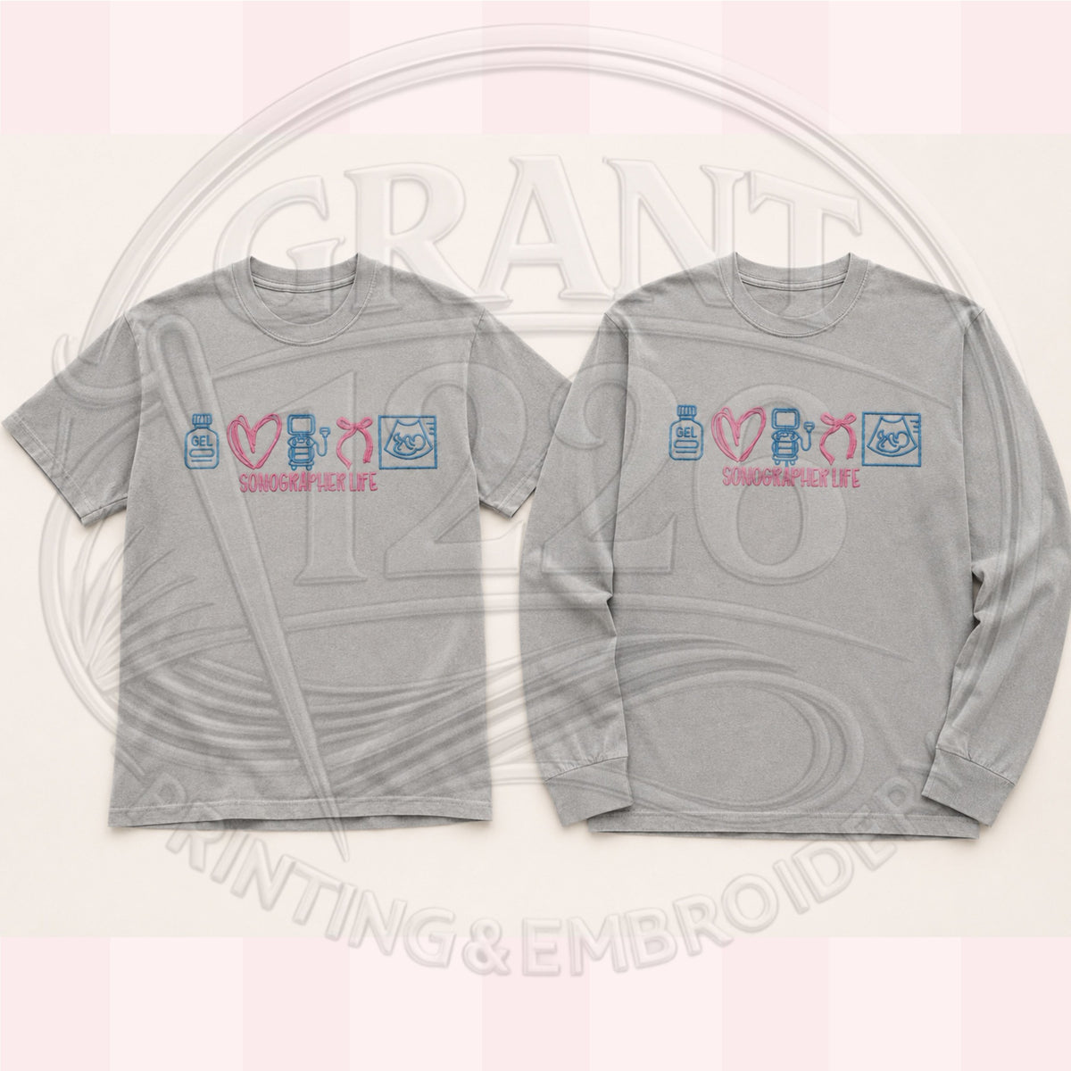 Gray sonography shirt shown in short- and long-sleeve options