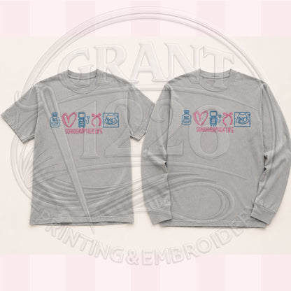 Gray sonography shirt shown in short- and long-sleeve options