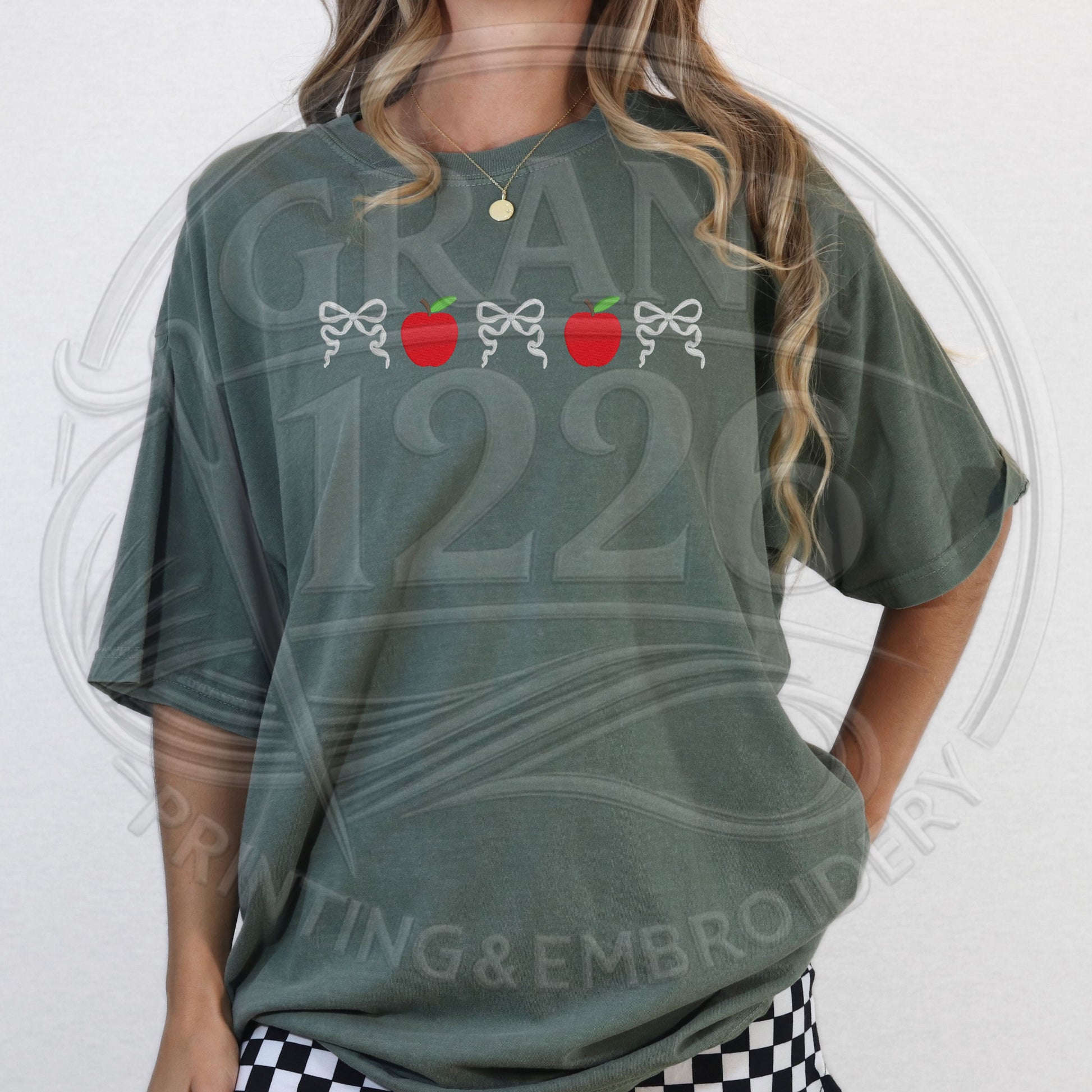 Green embroidered teacher shirt with coquette apple design oversized fit