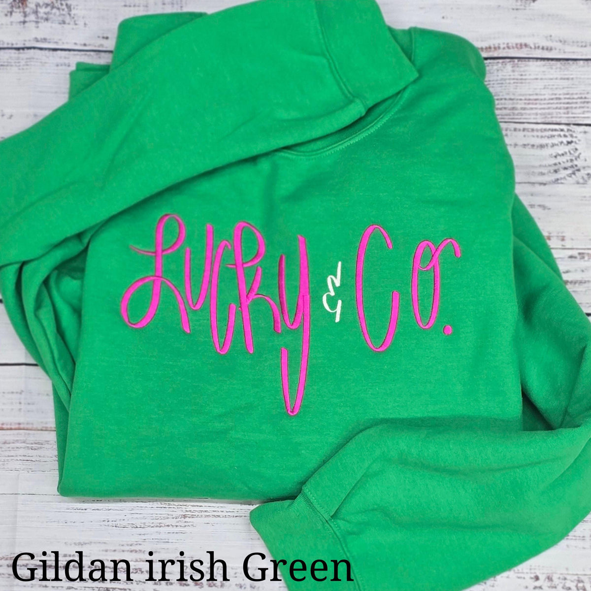 Green embroidered shamrock sweatshirt for St. Patrick’s Day