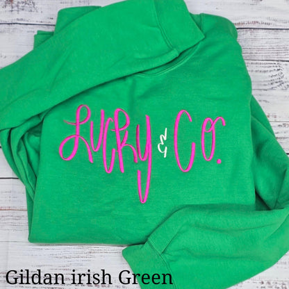 Green embroidered shamrock sweatshirt for St. Patrick’s Day