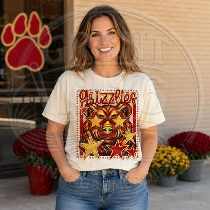 Woman wearing ivory Labette County Grizzlies Comfort Colors T-shirt with star sunglasses bear mascot