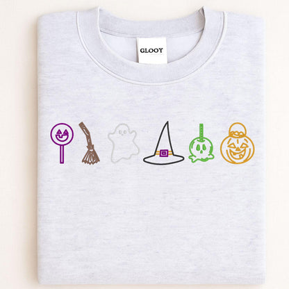 Sport gray Halloween candy and ghost embroidered crewneck folded for a front view