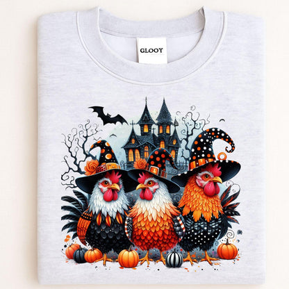 Sport gray witchy chicken and haunted house crewneck folded flat