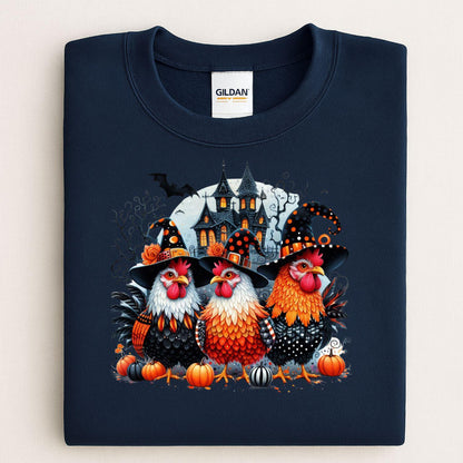 Navy sweatshirt with witchy Halloween chickens pumpkins and haunted house graphic folded flat