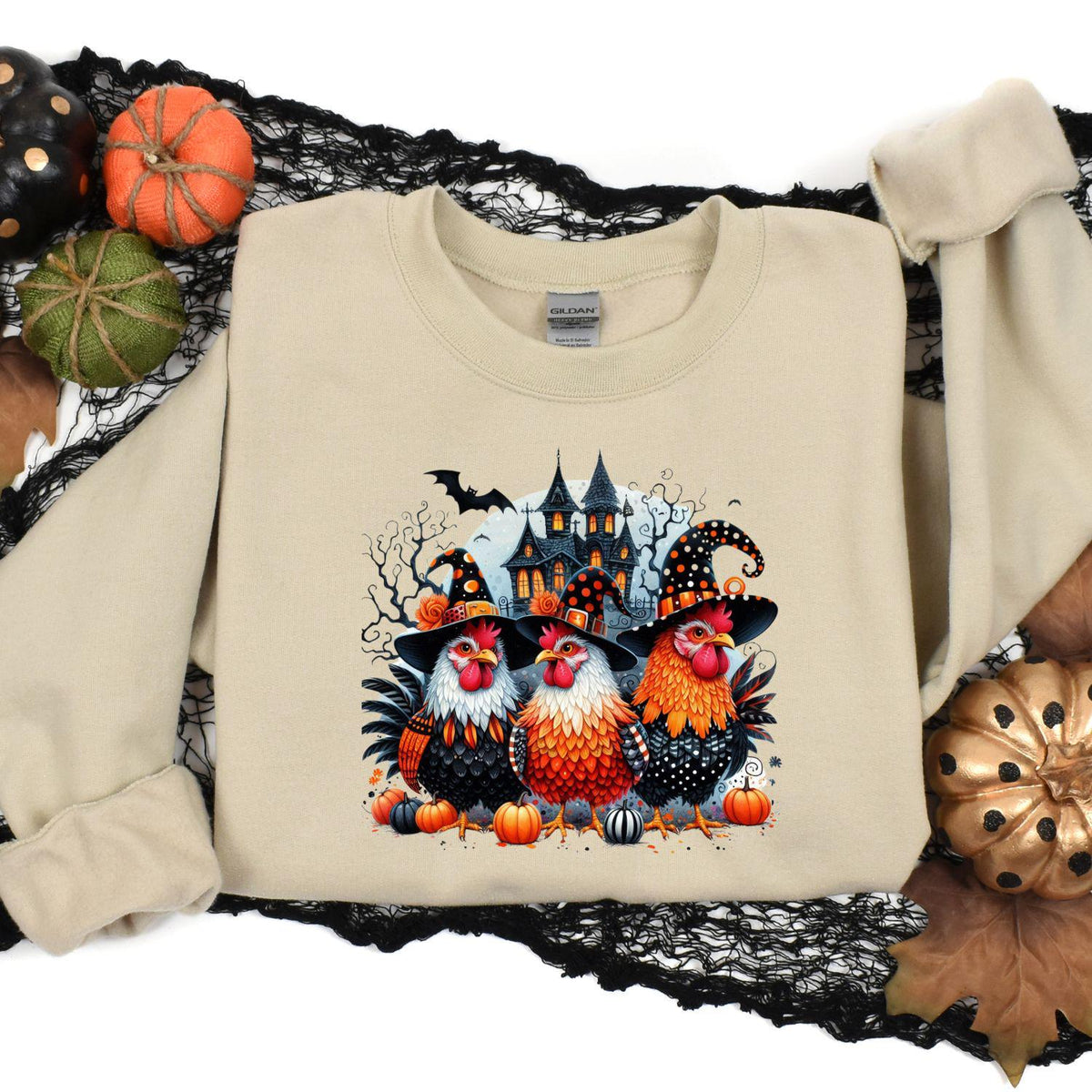 Sand spooky chicken sweatshirt styled with fall pumpkins and black lace